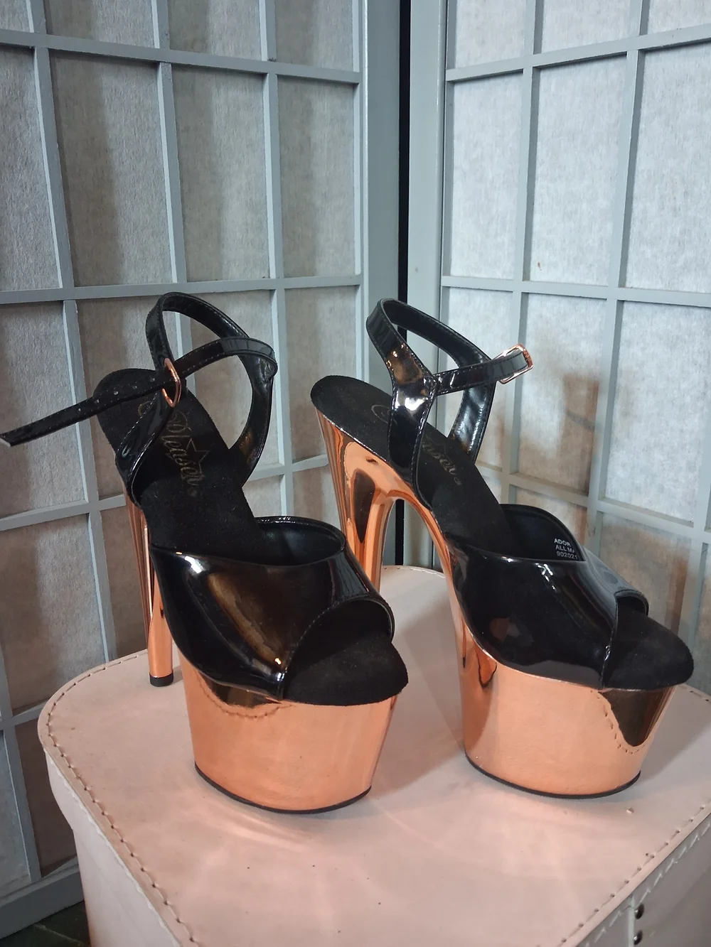🖤👡Pleaser Black Patent & Rose Gold Chrome Platform Heels | Exotic Dance Shoes